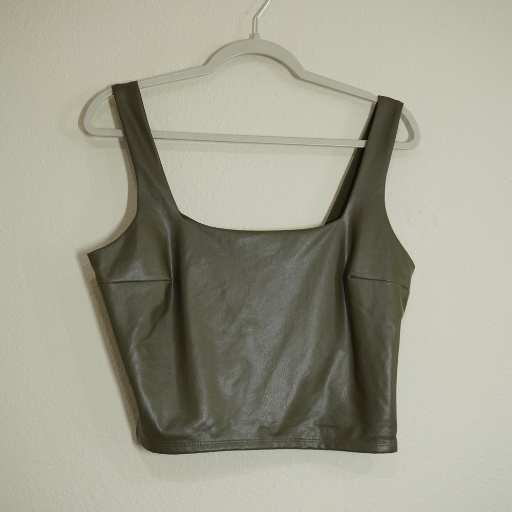 Express Body Contour Faux Leather Square Neck Crop Top Olive Green Large